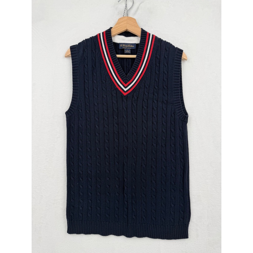 Brooks Brothers Navy Supima Cotton Cable Knit Cricket Sweater Vest L Heritage